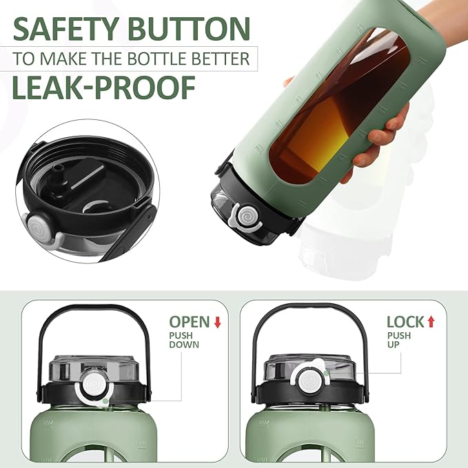 BLUEGO 64oz Glass Water Bottles with Straw Time Marker Half Gallon Large Motivational Water Bottle with Silicone Sleeve 2 Liter Large Glass Water Jug for Gym, Sports& Workout, Daily, Olive