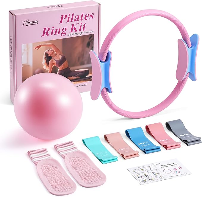 Home Pilates Essentials Kit for Women Pink Ring and Ball Pilates Set Equipment, Magic Circle with 5 Resistance Bands Premium Accessories Kits for Starter Toning Workouts at Home