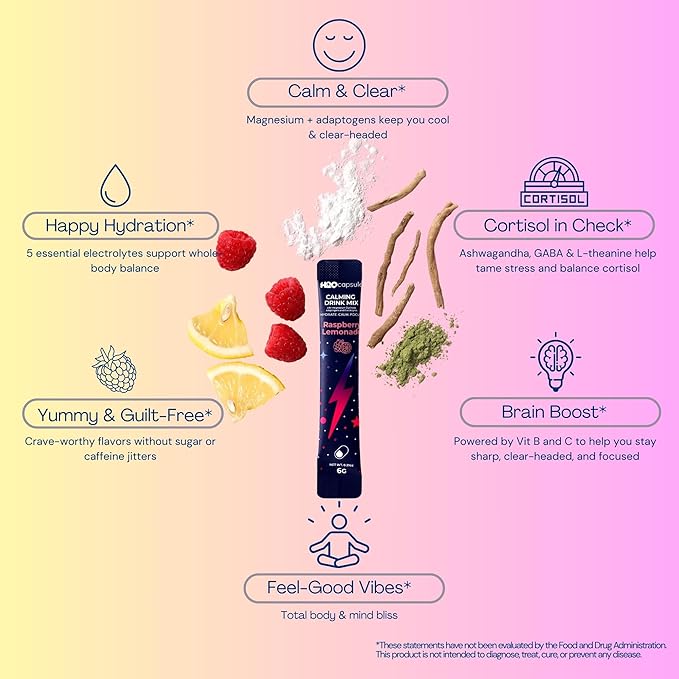 Calm Magnesium Glycinate Drink Mix with Electrolytes – Sugar Free Powder with Ashwagandha, L-Theanine, Vitamin B & GABA – Cortisol Support, Stress Relief, Hydration & Focus - 20 servings (Raspberry)