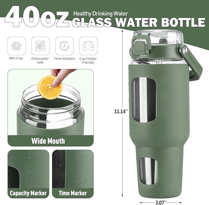 BLUEGO 40oz Glass Tumbler with Lid and Straw, Glass Water Bottles with Handle, Glass Cup with Time Marker and Silicone Sleeve, Fits Most Cup Holder, Leak-proof, Olive