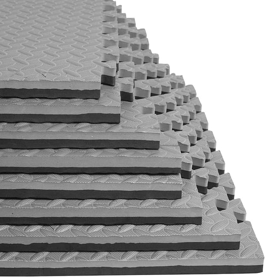 1 in Thick 48 Sq Ft EVA Foam Exercise Gym Mats 12 Pcs - Interlocking Puzzle Floor Tiles for Home Gym Heavy Workout Equipment Flooring - 24 x 24in Tile, Black & Gray