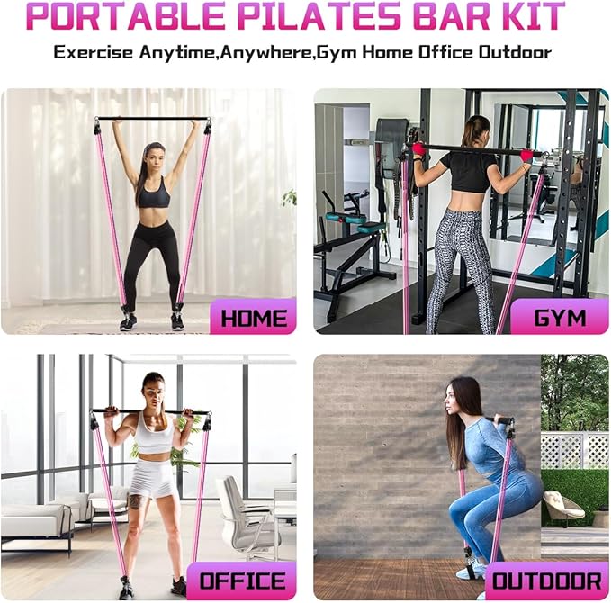 VEICK Pilates Bar Kit with Resistance Bands, Elastic Workout Bands for Men and Women, Set of 5 Resistance Loop Bands for Home Fitness, Stretching, Strength Training, Physical Therap