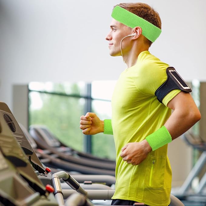 48 Pcs Football Sweatbands Bulk for Men Women Striped Sweatband Set, Include 16 Headband and 32 Wristbands Sports Neon Accessories for 80's Costume Party Athletic Gym