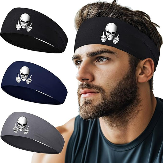 Headbands for Men Women 3pcs Sports Sweat Bands Headbands Men Sweatbands Workout Headband for Mens Running Cooling Skull Sweat Band Head Bands