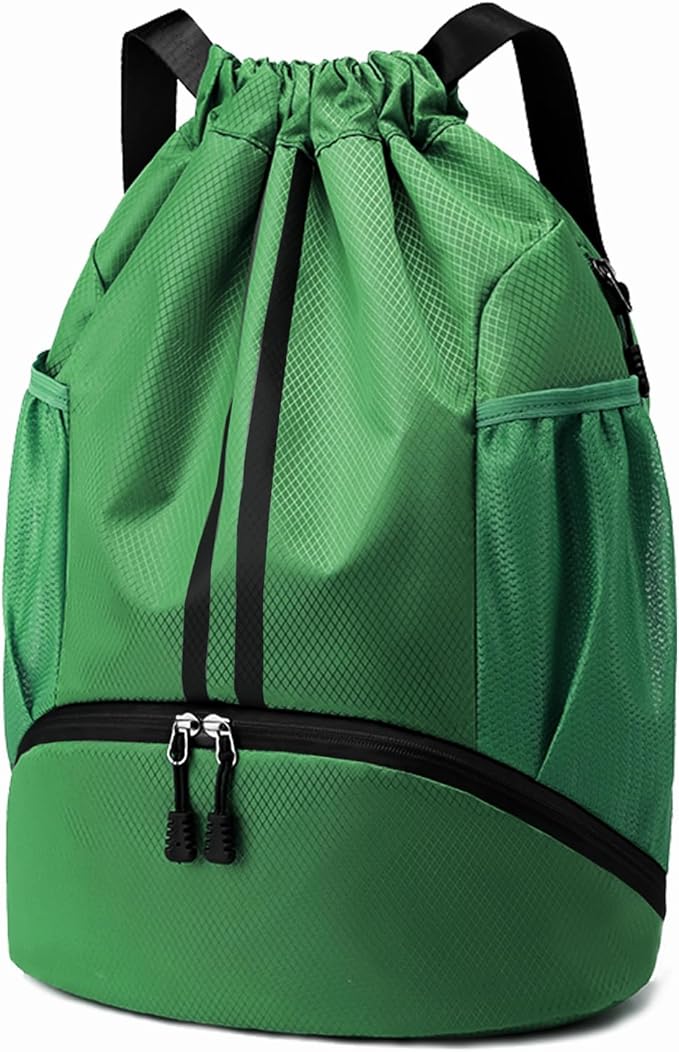 Hoedia Sports Drawstring Backpack - String Swim Gym Bag with Shoes Compartment and Wet Proof Pocket for Women/Men (Dark Green)