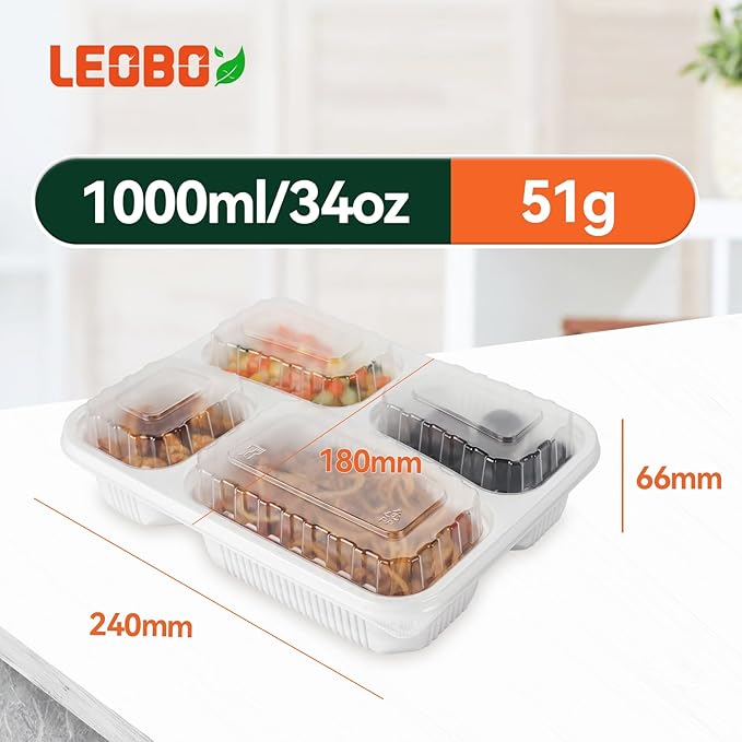 Takeout Containers BPA Free PP Plastic - 34oz 40 Pack 4 Compartments Shrink Wrap & Leakproof Meal Prep Container | Freezer & Microwave Safe Reusable for Office Lunch | White Restaurant Togo Box