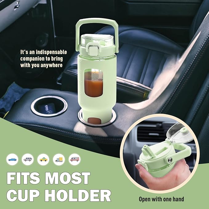 BLUEGO 32oz Glass Tumbler with Lid and Handle, Iced Coffee Cup with Straws, Glass Water Bottle with Silicone Sleeve and Volume, Marker Glass Cup with Time Marking, BPA Free, Green