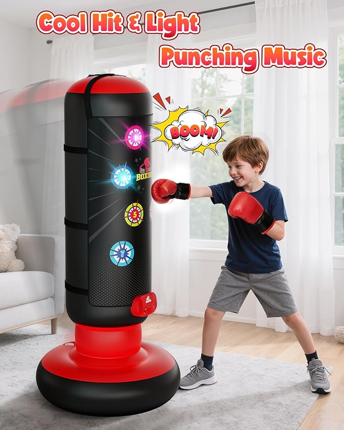 HopeRock Punching Bag for Kids, Boxing Set with Scoring, Light, Music, 4 Game Modes, Inflatable Boxing Bag with Gloves, Birthday Gifts Toys for 4-8-12 Years Old Boys