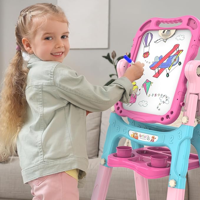 Amagoing Easel for Kids, Adjustable Standing Art Easel for Toddler, Double Chalk Drawing Board with Painting Accessories, Birthday Christmas Gift for Girls 3 4 5 Years Old