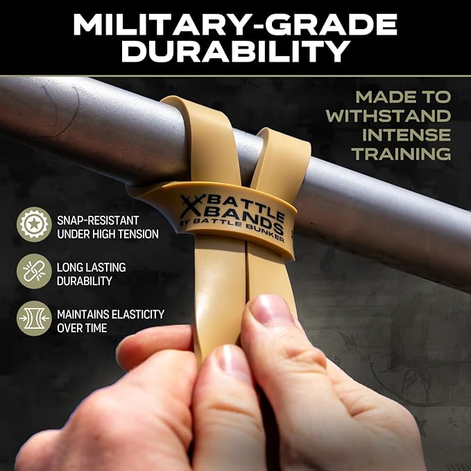Battle Bunker Premium Resistance Bands - Natural Exercise Bands for Strength Training, Pull-Ups & Recovery - Fitness Band for Home, Gym & Mobility Workouts- Crush Your Goals Anytime- 3-Pack- 10-125lbs