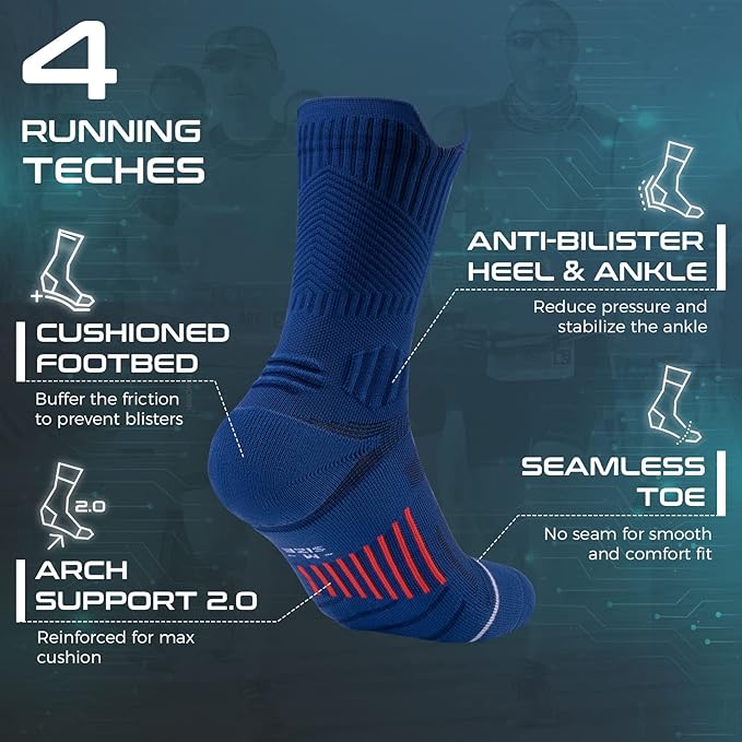 Compression Running Socks 3 Pairs, Cushion Crew Socks, Anti-Blister Moisture Wicking Athletic Hiking Basketball Socks