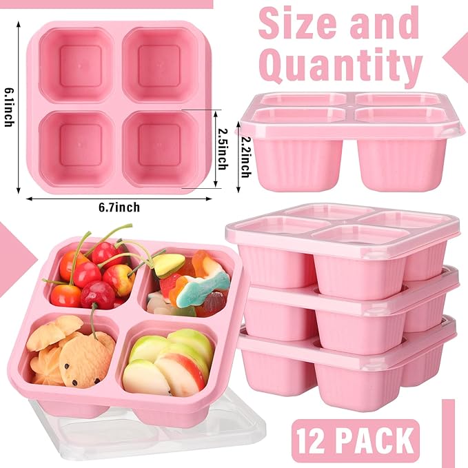 12 Pcs 4 Divided Compartments Snack Containers Bento Wheat Straw Snack Box with Lid Reusable Meal Prep Lunch Box Food Storage Containers for Adults Travel Work (Pink)
