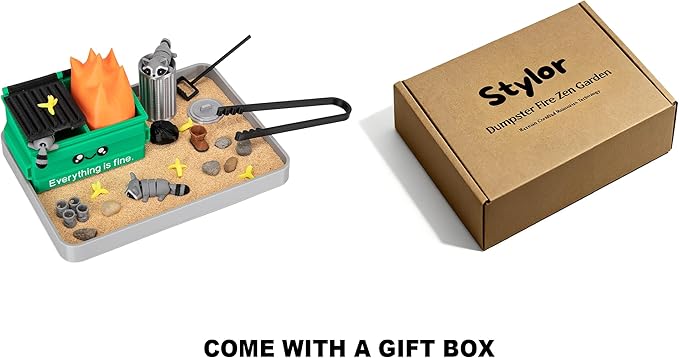 Stylor Dumpster Fire Zen Garden Desk Decor - 3D Print Plastic Miniature Sandbox with Raccoon & Flames, Humorous Office Stress Relief Gift, Includes Stones, Sand & Accessories
