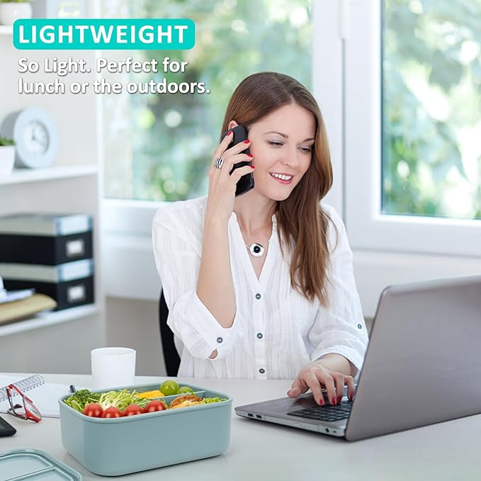 100% Silicone Bento Box Adult with 3 Compartments, 48oz, Reusable Divided Lunch Box Meal Prep Containers for Entree and Side Food Snack Storage, BPA-Free Plastic-Free, Microwave Dishwasher safe, Green