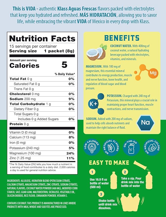 Electrolyte Drink Mix – Cucumber Limeade Agua Fresca Flavor | Sugar-Free Hydration Powder with Coconut Water & Minerals | 15 Single-Serve Stick Packs, Low Calorie, Natural Flavor