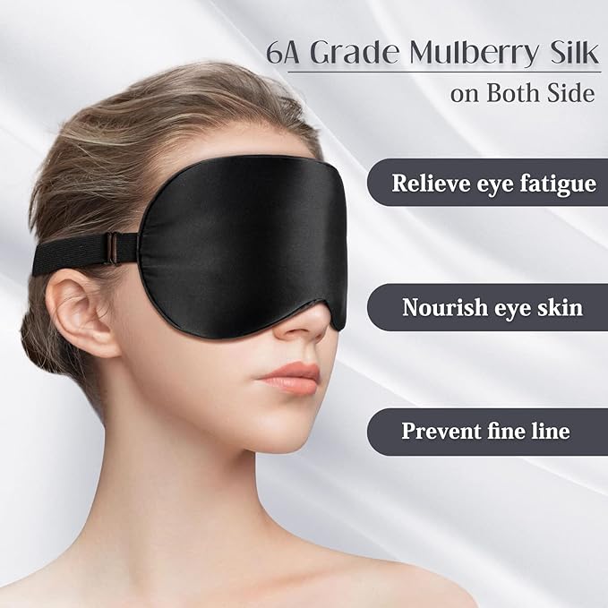 LULUSILK Mulberry Silk Sleep Eye Mask Blindfold with Adjustable Strap, Soft Eye Cover for Women Men Night Sleeping, Travel, Nap(Black)