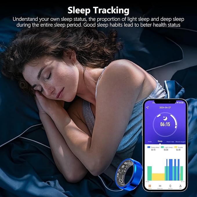 Fitness Tracker Smart Ring,Step Counter,Heart Rate Blood Oxygen Sleep Tracker Health Ring, 6ATM Waterproof Long Battery Life Smart Rings Compatible with iOS & Android （Blue US11）