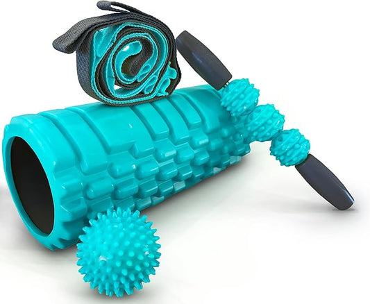 321 STRONG 5 in 1 Foam Roller Set with Hollow Core Deep Tissue Massager, Muscle Roller Stick, Stretching Strap, Spikey Plantar Fasciitis Ball, and Carry Bag, with 4K eBook