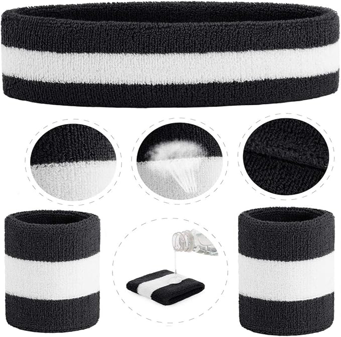 ONUPGO 6 Pieces Sweatbands Set - Sports Headbands Wristbands for Men & Women,Cotton Terry Cloth Sweatband for Tennis,Basketball,Gym,Working Out - Moisture Wicking Elasticity