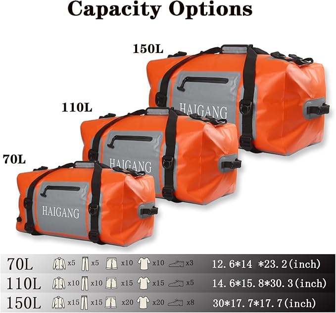 150L Waterproof Duffel Bag Travel Dry Bag, Large Capacity, Adjustable Thickened Straps and Handles, Zip Closure, Air Valve, Keep Equipment Safe, Suitable for Boating Rafting Orange