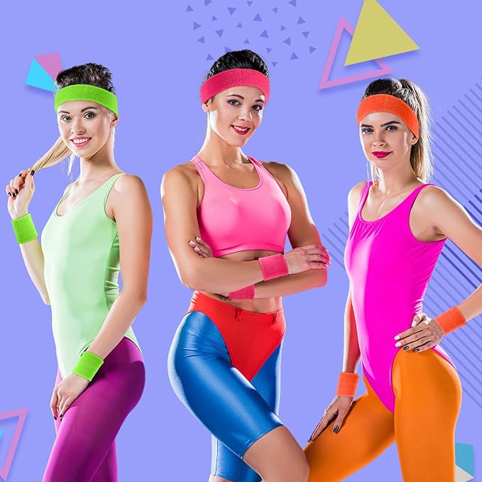 18 Pcs Sweatbands Headband Wristband Set Colorful Striped Terry Cloth Sports Athletic Gym 80s Sweat Headbands