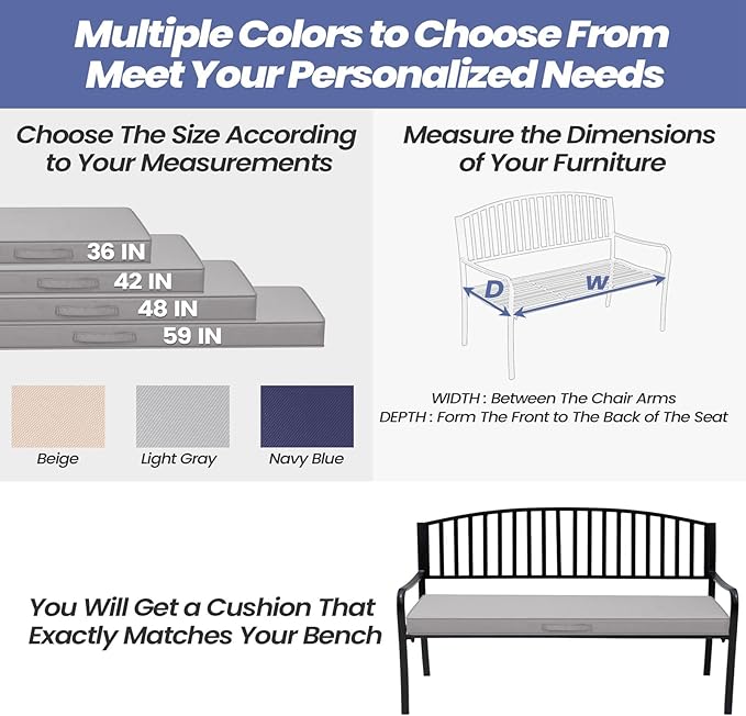 Crestlive Outdoor Bench Cushion 48 x 18 Inch, Waterproof Patio Furniture Cushions, Fade-Resistant Porch Swing Replacement Pad, Adjustable Straps and Handle, Gray