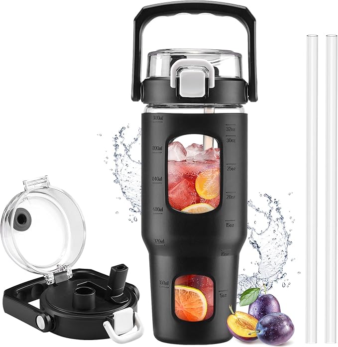 BLUEGO 32oz Glass Tumbler with Lid and Handle, Iced Coffee Cup with Straws, Glass Water Bottle with Silicone Sleeve and Volume, Marker Glass Cup with Time Marking, BPA Free, Black