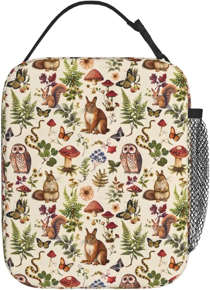 Jungle Animal Polyester Lunch Box for Kids Teen,Cute Reusable Thermal Lunch Bag for Adult Women,Mushroom Insulated Tote Cooler Bags for School,Work,Picnic,Travel,Enchanted Forest Theme
