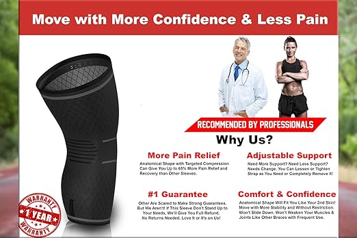 Knee Brace Compression Sleeve with Strap for Best Support & Pain Relief for Meniscus Tear, Arthritis, Running, Basketball, MCL, Jogging and Recovery for Men & Women (Black, Large)