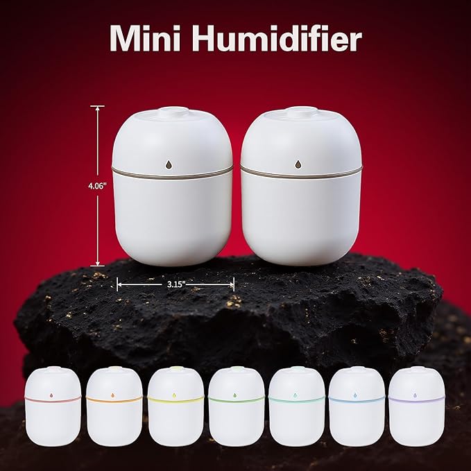 2 Pcs 220ML Small Diffuser Humidifier, Mini Aromatherapy Diffuser for Home, Office, Bedroom, Spa, Yoga Room, Car Air Humidifier with 5 Color Light, Timer, Auto Shut-Off, 2 Mist Modes -White