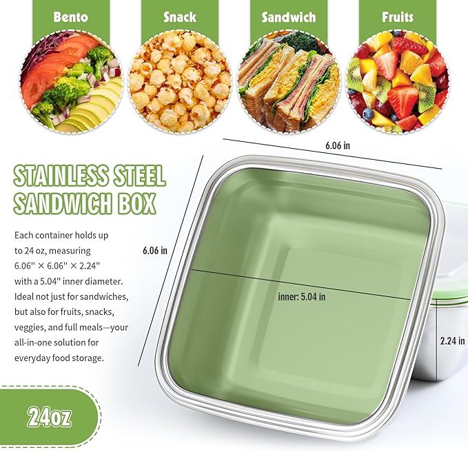 5 Pack Sandwich Containers, 24oz Stainless Steel Sandwich Box with Airtight Lids, Reusable Metal Meal Prep Lunch Boxes, BPA-Free, Dishwasher Safe, Food Storage Containers for Families (Green)