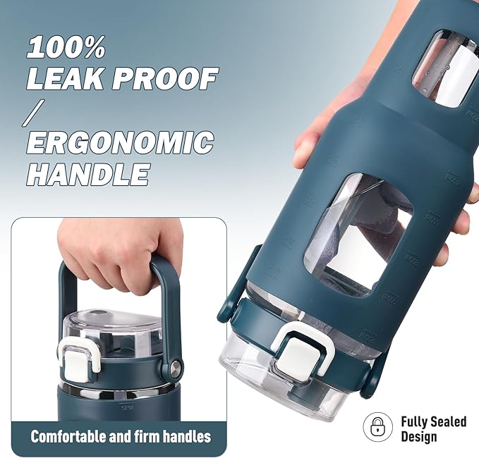 BLUEGO 40 oz Glass Water Bottles with Straw Time Marker, Glass Tumbler with Handle Top Lids, Easy to Clean, Fits in Car Cup Holder, Leakproof Jug for Gym, Sports, Workout & Daily, Dark Blue