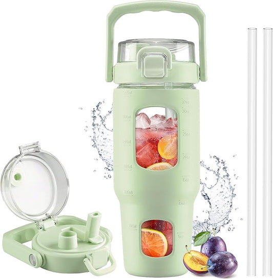 BLUEGO 32oz Glass Tumbler with Lid and Handle, Iced Coffee Cup with Straws, Glass Water Bottle with Silicone Sleeve and Volume, Marker Glass Cup with Time Marking, BPA Free, Green