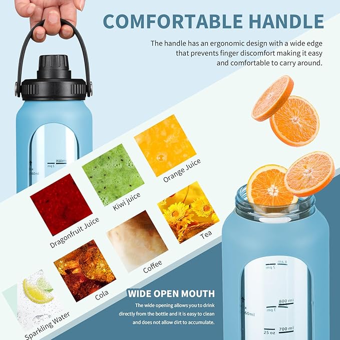 32 oz Glass Water Bottles with 2 Lids-Handle Spout Lid & Straw Lid 1 Liter Motivational Borosilicate Water Bottle with Silicone Sleeve and Time Marker,Leakproof