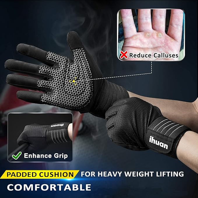 ihuan Workout Gloves for Men Full-Finger: Weight Lifting for Men, Gym Full Hand Gloves for Weightlifting, Deadlift