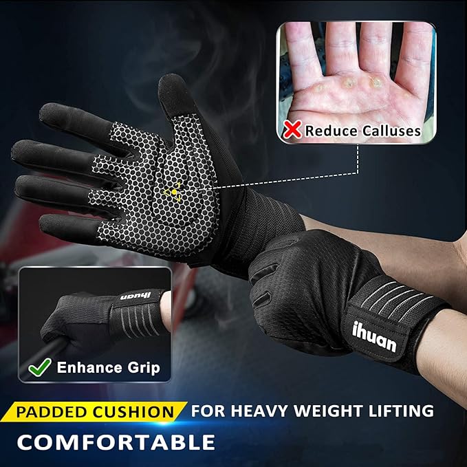 ihuan Workout Gloves for Men Full-Finger: Weight Lifting for Men, Gym Full Hand Gloves for Weightlifting, Deadlift