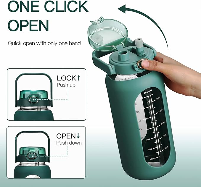 42oz/52oz/64oz Glass Water Bolttles with Straw Half Gallon Large Motivational Water Bottle with Time Marker Sports Water Bottles with Silicone Sleeve and Handle Lid Water Jug for Gym Workout