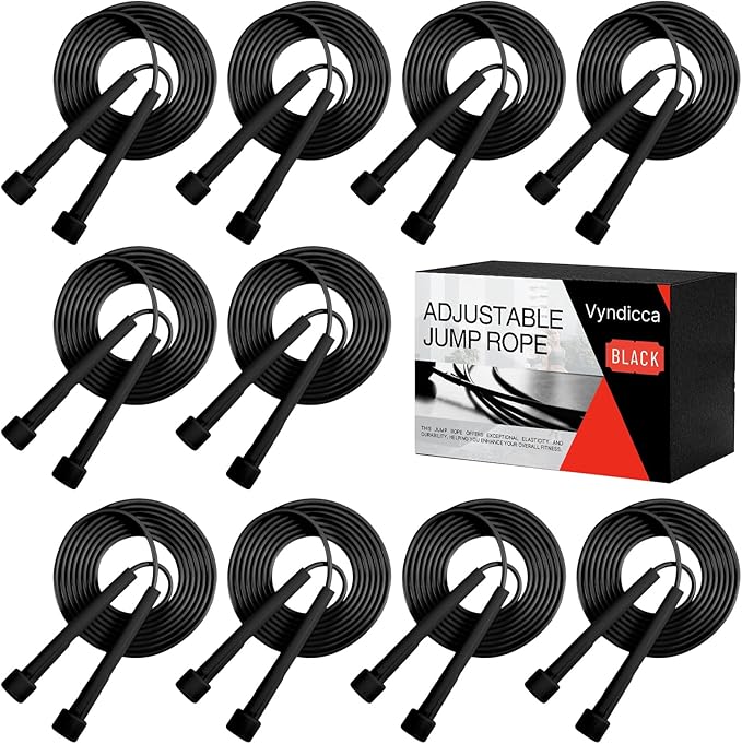 10 Pack Jump Ropes for Kids, PVC Skipping Rope with Plastic Handles, Adjustable Jumping Ropes for Fitness Exercise, Lightweight Speed Rope for Women Men Training Racing, Black