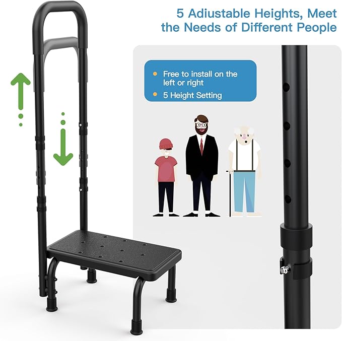 Step Stool with Handle for Elderly, Non Skid Platform & Adjustable Handrail, Medical Stepping Stool for High Bed Mobility & Daily Living Aids, Bedside Car Stair Lift for Senior Adults 400lbs