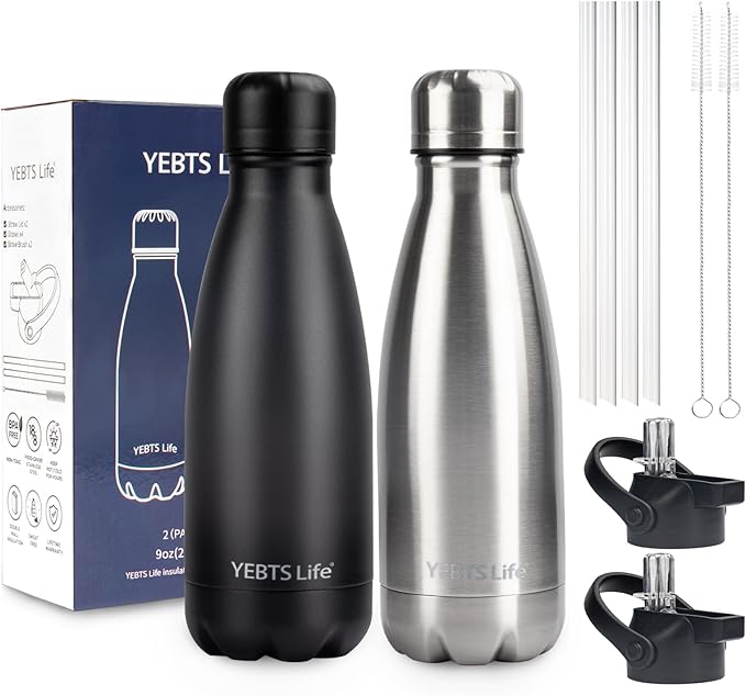 Insulated Water Bottle, 2 Pack-9oz Stainless Steel Water Bottles with straw lid, Metal Sports Water Bottles for Boys,Girls, Double Wall Vacuum BPA-Free Flask for Sports (Black-Sliver)