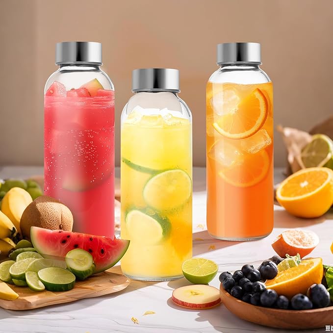 Set of 6 Clear Glass Water Bottles with Lid 26oz for Juicing Reusable Bottle Glass Cup with Stainless Steel for Juicing,Halloween Refrigerator 100% Leak Proof Drinking Jar, BPA Free