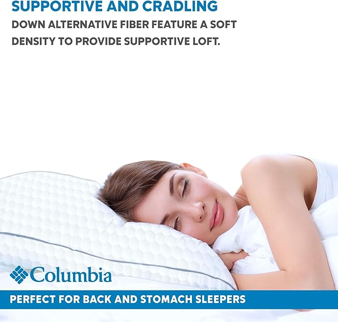Columbia Comfort Ice Fiber Side Sleeper Down Alternative Bed Pillow with Polyester Fiberfill, Supportive Cooling Double Sided Breathable Cover (Back & Stomach Sleeper, Standard/Queen (Pack of 2))