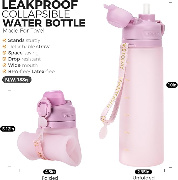 TakeToday Collapsible Water Bottles 20oz, Leak Proof, BPA-Free, Foldable Silicone Travel Water Bottle with Straw Strap for Cycling, Hiking, Outdoors