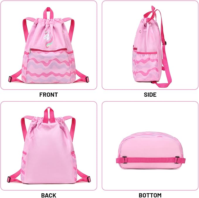 Drawstring Backpack for Girls Women Lgihtweight Large Travel Bags Sport String Bag Sackpack for Gym Shopping Yoga Bag Unicorn Pink
