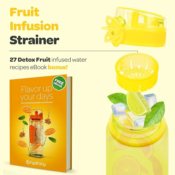 Hydracy Water Bottle with Time Marker -Large BPA Free Water Bottle & No Sweat Sleeve -Leak Proof Gym Bottle with Fruit Infuser Strainer & Times to Drink -Ideal for Fitness Sports & Outdoors