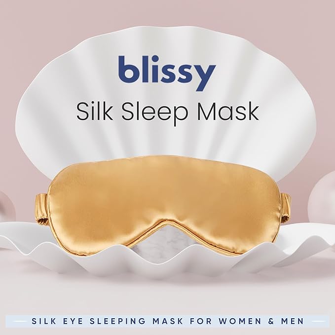 Blissy Silk Sleep Mask - Silk Eye Sleeping Mask for Women & Men for Total Blackout - 100% Pure Mulberry Silk, 22 Momme 6a Fibers - Blindfold Silk Sleep Mask Side Sleeper Eye Cover (Gold)