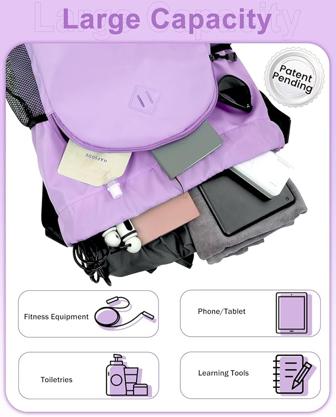 Drawstring Backpack Gym Backpack with Shoe Compartment for Men Women String Sports Bag with Wet Pocket Cinch Swim Beach Bag, Purple (Patent Pending)