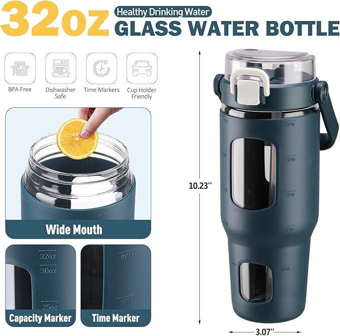 BLUEGO 32oz Glass Water Bottles with Straw Time Marker Half Gallon Large Motivational Water Bottle with Silicone Sleeve 2 Liter Large Glass Water Jug for Gym, Sports& Workout, Daily, Dark Blue