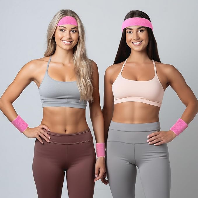 24 Pieces 80s Neon Sweatbands Set, Include 8 Sports Headbands and 16 Sweat Wristbands Elastic Athletic Tennis Sweat Bands Bulk for Man Woman