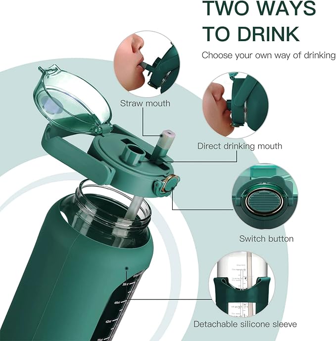 42oz/52oz/64oz Glass Water Bolttles with Straw Half Gallon Large Motivational Water Bottle with Time Marker Sports Water Bottles with Silicone Sleeve and Handle Lid Water Jug for Gym Workout